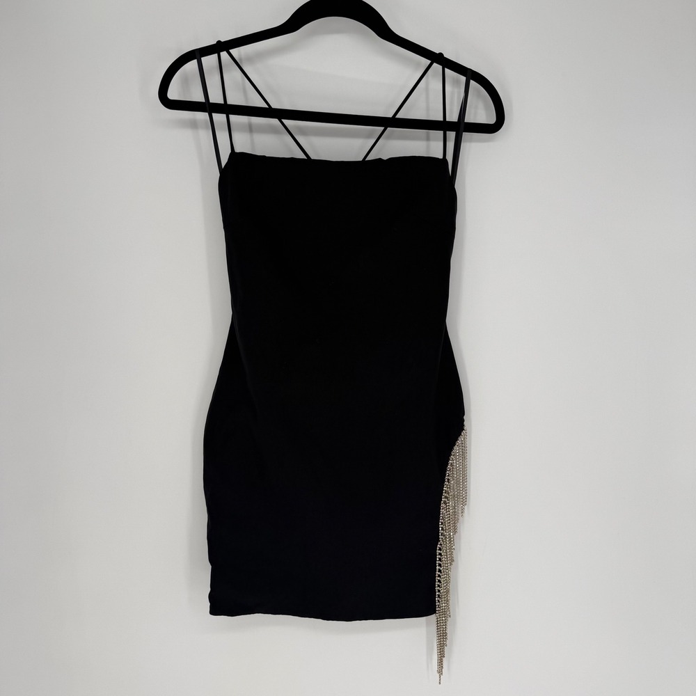 WHITE FOX COME‎ BACK MINI DRESS MEDIUM NWT RHINESTONE FRINGE SIDE SLIT FLIRTY